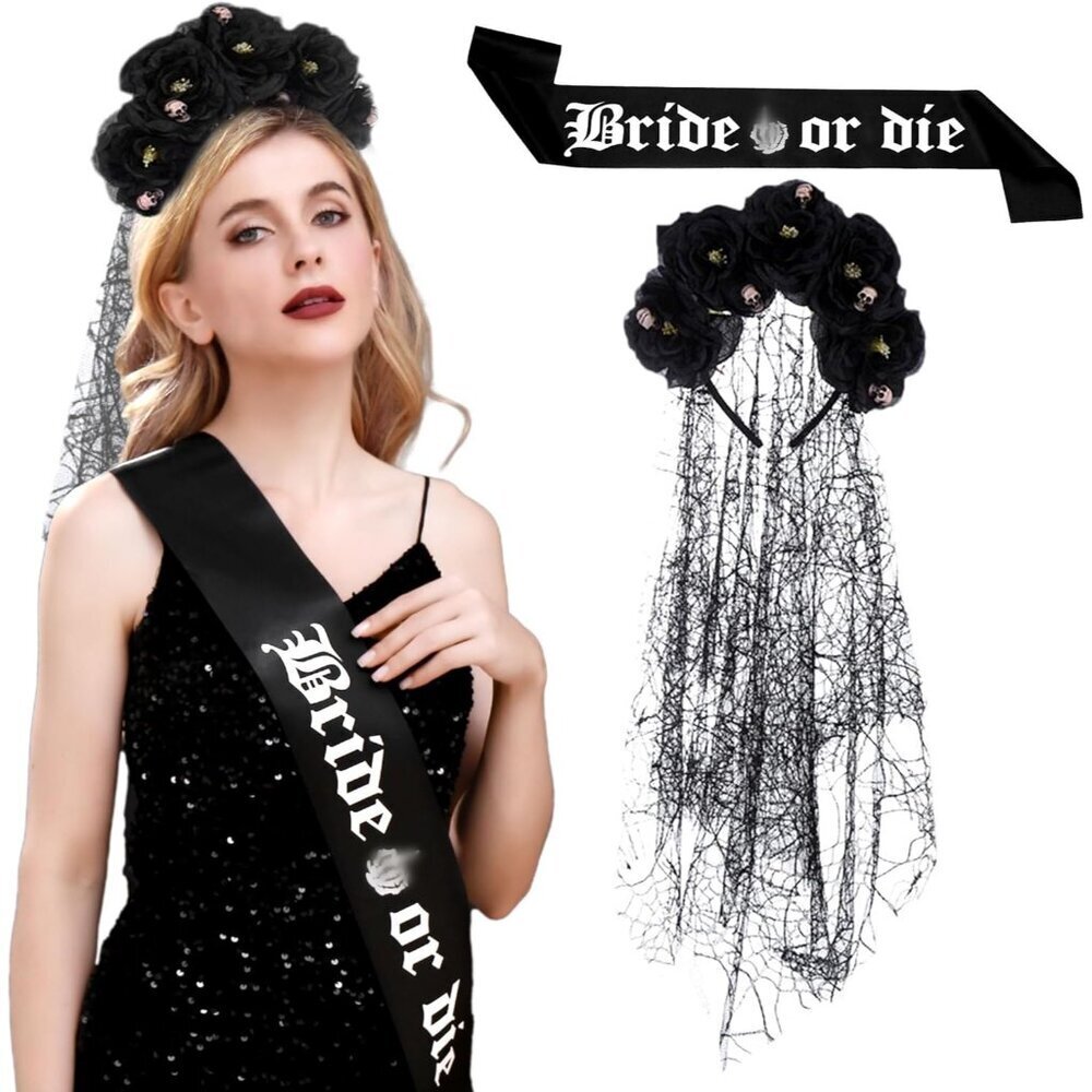 Gothic Rose Flower Headband Black Bride Or Die Sash Party Supplies